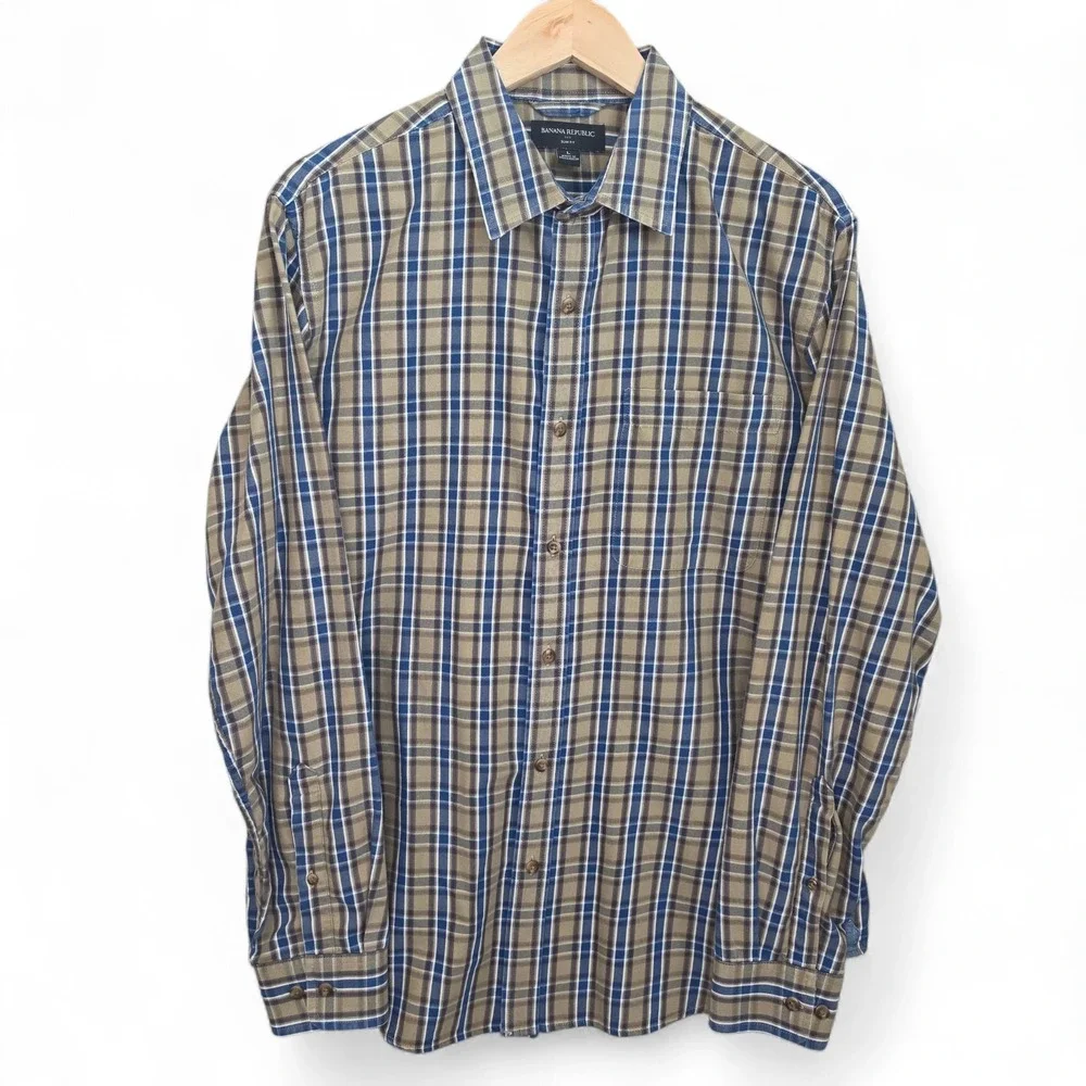 Banana Republic Shirt Mens‎ Large Blue Plaid Button Up Slim Fit Long Sleeve